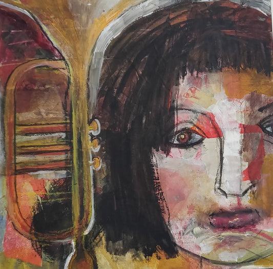 Meet Mila - acrylic paint, collage and crayon on wooden panel 30x30x0,9 cm