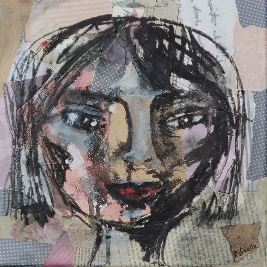 Meet Mae - collage, acrylic paint and crayon on canvas 30x30x2 cm