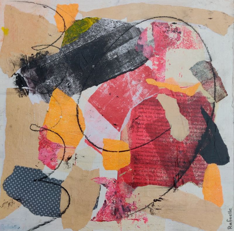 Map of hidden connections - collage, acrylic paint & crayon on wooden panel 30x30x0,9 cm